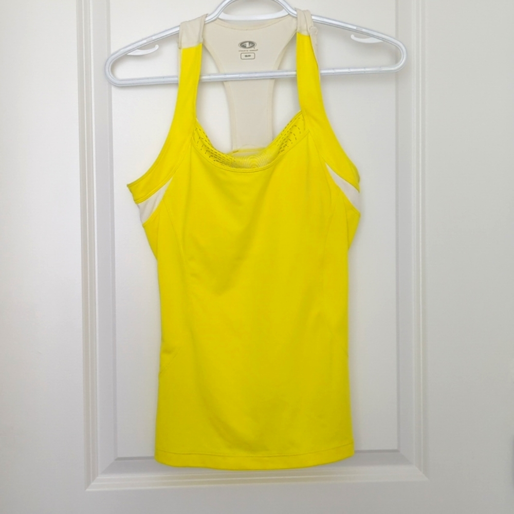 Yellow white athletic top with built in sport bra